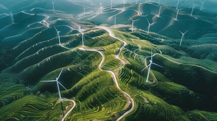 Poster - Many wind turbines facing right, wind turbines and solar panel field on a mountain. Aerial high view. Generative AI.