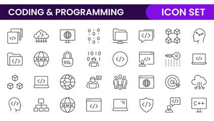 0709 Programming coding set of web icons in line style. Software development icons for web and mobile app. Code, api, programmer, developer, information technology, coder and more.