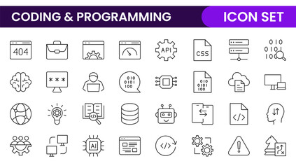 Programming coding set of web icons in line style. Software development icons for web and mobile app. Code, api, programmer, developer, information technology, coder and more.