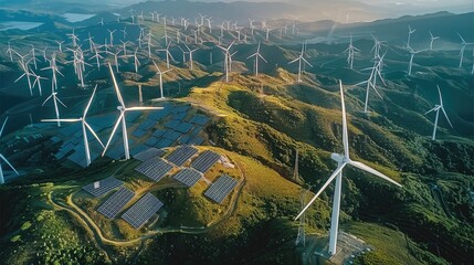 Poster - Many wind turbines facing right, wind turbines and solar panel field on a mountain. Aerial high view. Generative AI.