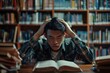© Ольга Лукьяненко - A young man sitting at a library table with shelves of books in the background, his hands on his head, looking stressed