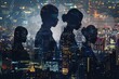© Ольга Лукьяненко - Abstract businesspeople silhouettes working together on dark city skyline backdrop Teamwork colleagues