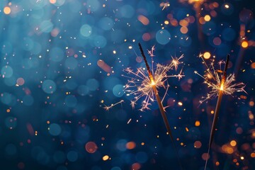 Poster - Golden sparklers burst with light against a dark blue sky, creating a celebratory and festive atmosphere