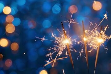 Poster - Three lit sparklers are held in front of a blurred background of blue and yellow bokeh lights