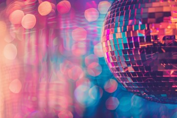 Poster - A macro photo of a disco ball with colorful lights in the background. The disco ball's facets reflect the light, creating a dazzling display
