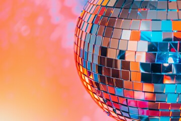 Poster - A close-up, macro photo of a shimmering disco ball against a vibrant, blurred backdrop, showcasing the intricate facets and reflections of the ball