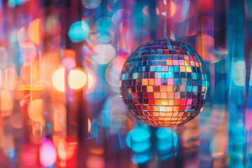 Poster - A close-up macro photograph of a disco ball hanging in a dimly lit room. The ball's mirrored facets reflect colorful lights, creating an intricate pattern of reflections