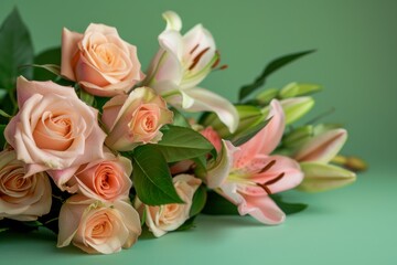 Poster - A mixed arrangement of peach roses and pink lilies with green leaves lies on a green background. The flowers are in soft focus, creating a romantic and delicate aesthetic