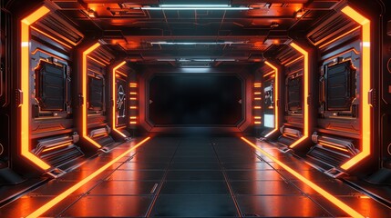 Poster - A large black rectangular screen in the middle. The overall design is simple futuristic, featuring orange and black neon lights and a three-dimensional effect. Generative AI.