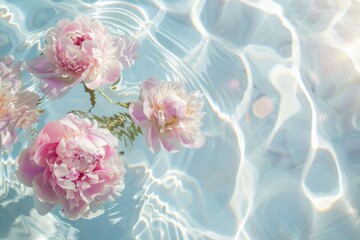 Poster - A trio of pink peonies float gently on the surface of rippling water, bathed in sunlight. The flowers are delicate and soft, creating a sense of tranquility and beauty