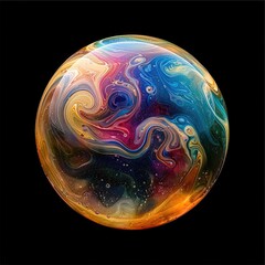 Aufkleber - Psychedelic rainbows of color swirling in a soap bubble to resemble a galaxy or planet against a black background. Generative AI.