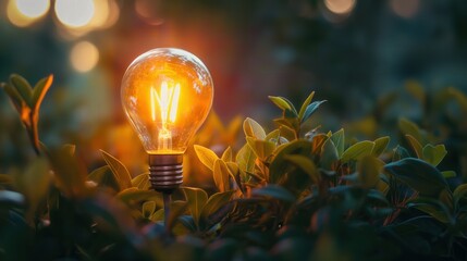 illuminated light bulb nestled among lush green foliage symbolizing energy ideas from organic plant-