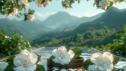 Wall Mural - A wooden table with three elegant white gardenias on it. behind the gardenias is a blurred landscape with green mountains in the background. sky is blue. A thin mist is floating around. Generative AI.