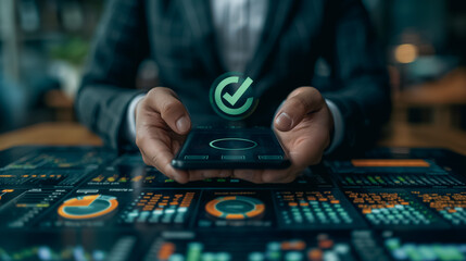 Poster - A person in business attire holding a smartphone with a green check mark, representing financial approval, surrounded by financial charts