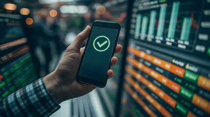Poster - A person in business attire holding a smartphone with a green check mark, representing financial approval, surrounded by financial charts