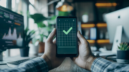 Poster - Business person using cell phone with green check mark on screen, financial success, professional office setting, sharp focus, modern technology