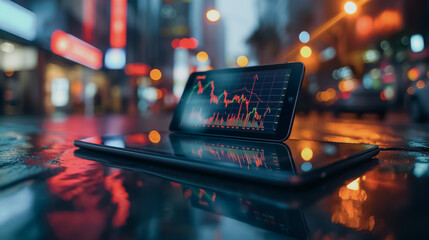 Poster - Graph of increasing stock prices on tablet screen, stock market themes, financial trading, modern technology