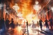 © zakiroff - Elegant ballroom dance with couples in formal attire amidst chandeliers and golden light. Dance event, sophistication, elegance concept