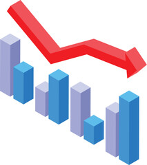 Poster - Isometric 3d red arrow pointing down over decreasing graph bars, concept of business loss