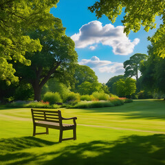 A park bench on a bright day, with a beautiful sky for a background.