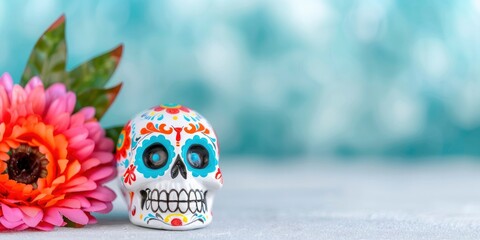 sugar skull and colorful flowers on blue blur background, Mexican traditional festival concept, day of the dead celebration, 2 november, 2024