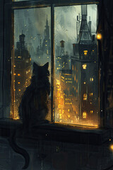 Poster - A painting of a cat perched on a windowsill