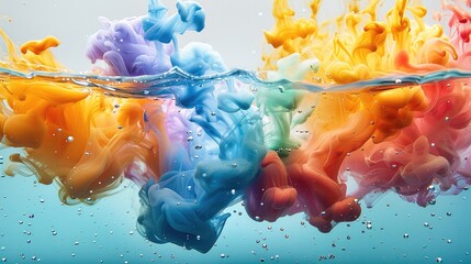 Aufkleber - A vibrant and colorful underwater ink diffusion. bright colors like red, yellow, green, blue, and purple swirling and mixing in clear water. Generative AI.