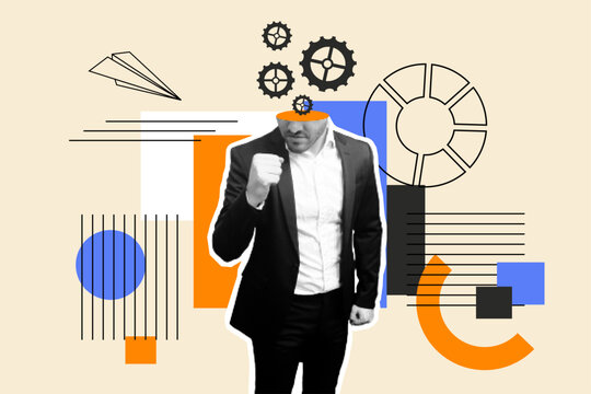 Business man rejoices in victory and leadership. Brainstorm Modern trendy collage in halftone. Business concept. Men work in suits on a computer. Vector. geometric shapes.  Modern elements