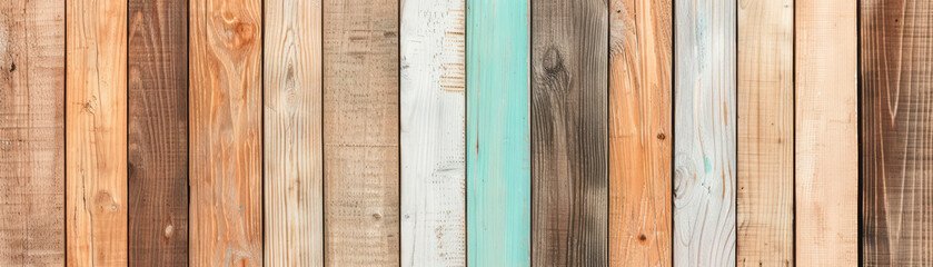 Poster - Colorful vertical wooden planks arrayed in a rustic wall pattern, showcasing a variety of textures and shades for creative background uses.