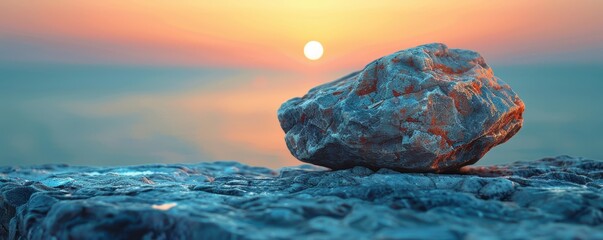 Wall Mural - A solitary, weathered rock captured in stunning detail at sunset, resting on a rocky landscape with the sun sinking into a serene and colorful horizon