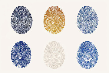 Poster - A vibrant collection of six multicolored fingerprints on a white background. Perfect for identity, security, and biometric-themed projects.