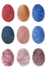 Poster - Nine colorful fingerprint textures in a grid, each in unique vibrant hues, ideal for security, identification, and pattern design concepts.