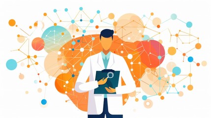 Poster - Examination, Appraisal, Deduction, person with magnifying glass, clipboard, and connecting dots, flat design illustration