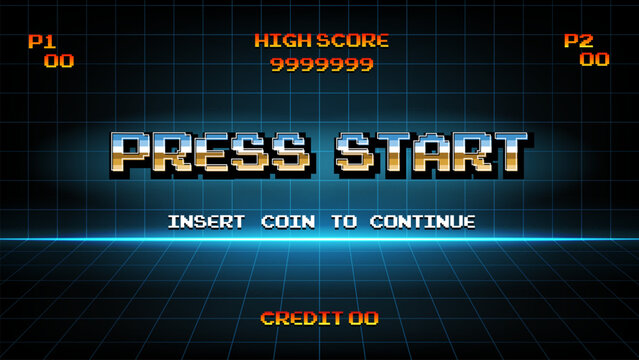 PRESS START INSERT A COIN TO CONTINUE .pixel art .8 bit game.retro game. for game assets in vector illustrations.Retro Futurism Sci-Fi Background. glowing neon grid.and stars from vintage arcade comp