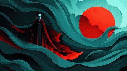 Wall Mural - A vampire is standing in the ocean with a red sun in the background