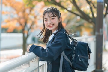 cheerful asian Japanese female visitor looking away into distance at beautiful landscape with her hair blowing in breeze while relaxing on uji bridge above river in Kyoto japan