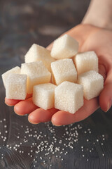 A close-up of a hand holding white sugar cubes on a dark wooden background, with granulated sugar scattered around.