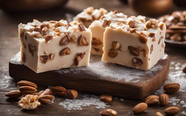 Nougat, nutty, on a rustic board