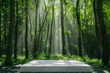 Karelia. Morning in the pine forest. Stone podium on rock platform 3d illustration, grey rock pedestal for a product display stand, yellow forest and blurred on the background, natural scenery landsca