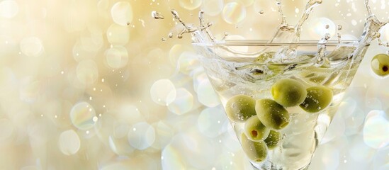 Aufkleber - Image of a dry martini garnished with green olives in a glass with splashes set against a softly lit background providing copy space for your text