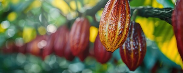 Wall Mural - A close-up view of vibrant red cacao pods hanging from the cacao tree branch in a lush green plantation, highlighting the textures and colors under natural sunlight