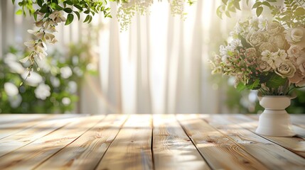 Poster - Wedding table, product presentation, backdrop, product mockup, premium elegant mockup, whites and greens, light wooden table, wedding decorations in the background. Generative AI.