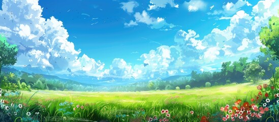 Aufkleber - A colorful and picturesque nature scene with a blue sky white clouds and ample space for adding text in the image