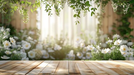 Poster - Wedding table, product presentation, backdrop, product mockup, premium elegant mockup, whites and greens, light wooden table, wedding decorations in the background. Generative AI.