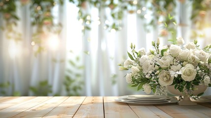 Poster - Wedding table, product presentation, backdrop, product mockup, premium elegant mockup, whites and greens, light wooden table, wedding decorations in the background. Generative AI.