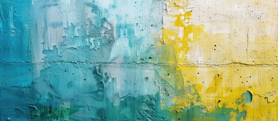 Poster - Colorful abstract painting on a concrete block background showcasing shades of blue green and yellow ideal for incorporating a copy space image