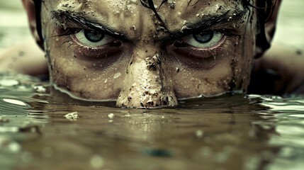 Poster - Individual pushing through a muddy swamp their face showing determination Stock Photo with copy space