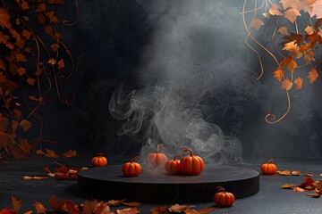 Halloween pumpkins on wooden planks with spooky background. Pumpkins with carved grimaces and candles inside in the dark for halloween. Jack o latern in smoke.