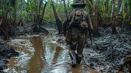 Poster - Individual walking through a dense muddy forest their face set with determination Stock Photo with copy space