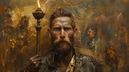 Poster - Businessman in a mud-stained suit holding a torch lighting his way with determination Stock Photo with copy space